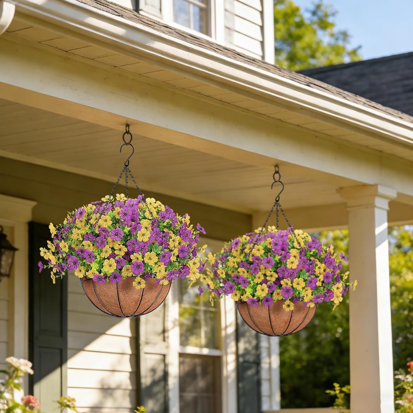 Artificial Fake Hanging Flowers Basket Outdoors, Yellow Purple | Faux silk flowers, look real daisy eucalyptus, UV resistant, for summer garden porch home patio balcony yard decorations