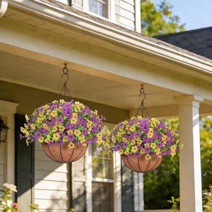Artificial Fake Hanging Flowers Basket Outdoors, Yellow Purple | Faux silk flowers, look real daisy eucalyptus, UV resistant, for summer garden porch home patio balcony yard decorations