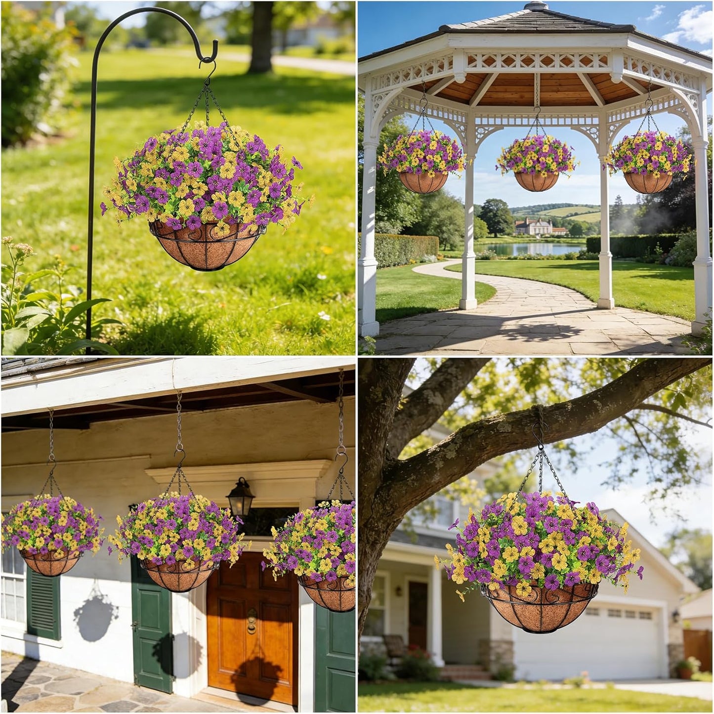Artificial Fake Hanging Flowers Basket Outdoors, Yellow Purple | Faux silk flowers, look real daisy eucalyptus, UV resistant, for summer garden porch home patio balcony yard decorations