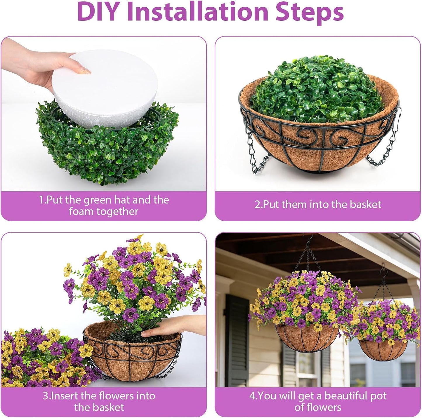 Artificial Fake Hanging Flowers Basket Outdoors, Yellow Purple | Faux silk flowers, look real daisy eucalyptus, UV resistant, for summer garden porch home patio balcony yard decorations