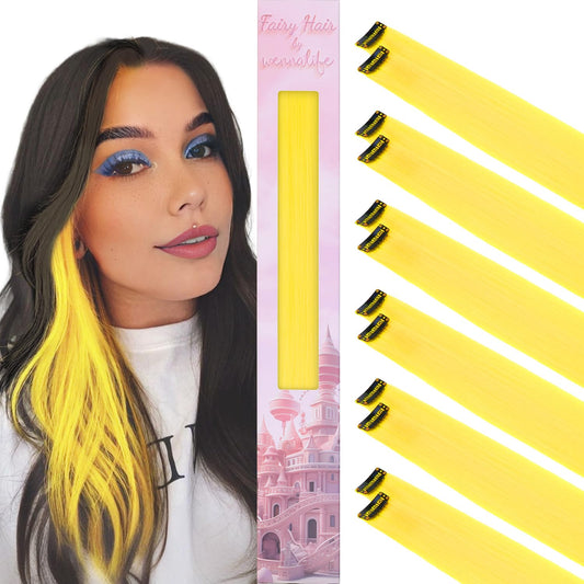 12 PCS Yellow Hair Extensions Clip in, Colored Clip in Hair Extensions for Kids Highlights Rainbow Hair Clips for Girls Synthetic Straight Pop-up Style Colorful Girls Hair Accessories