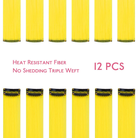 12 PCS Yellow Hair Extensions Clip in, Colored Clip in Hair Extensions for Kids Highlights Rainbow Hair Clips for Girls Synthetic Straight Pop-up Style Colorful Girls Hair Accessories
