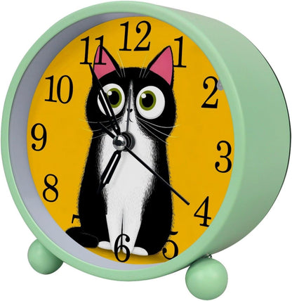 Yellow Cartoon Cat Silent Analog Alarm Clock, 4.3 Inches Cute Analog Round Digital Clock Battery Operated, Non-Ticking Desktop Alarm Clock with Night Light for Adult, Kid(Green)