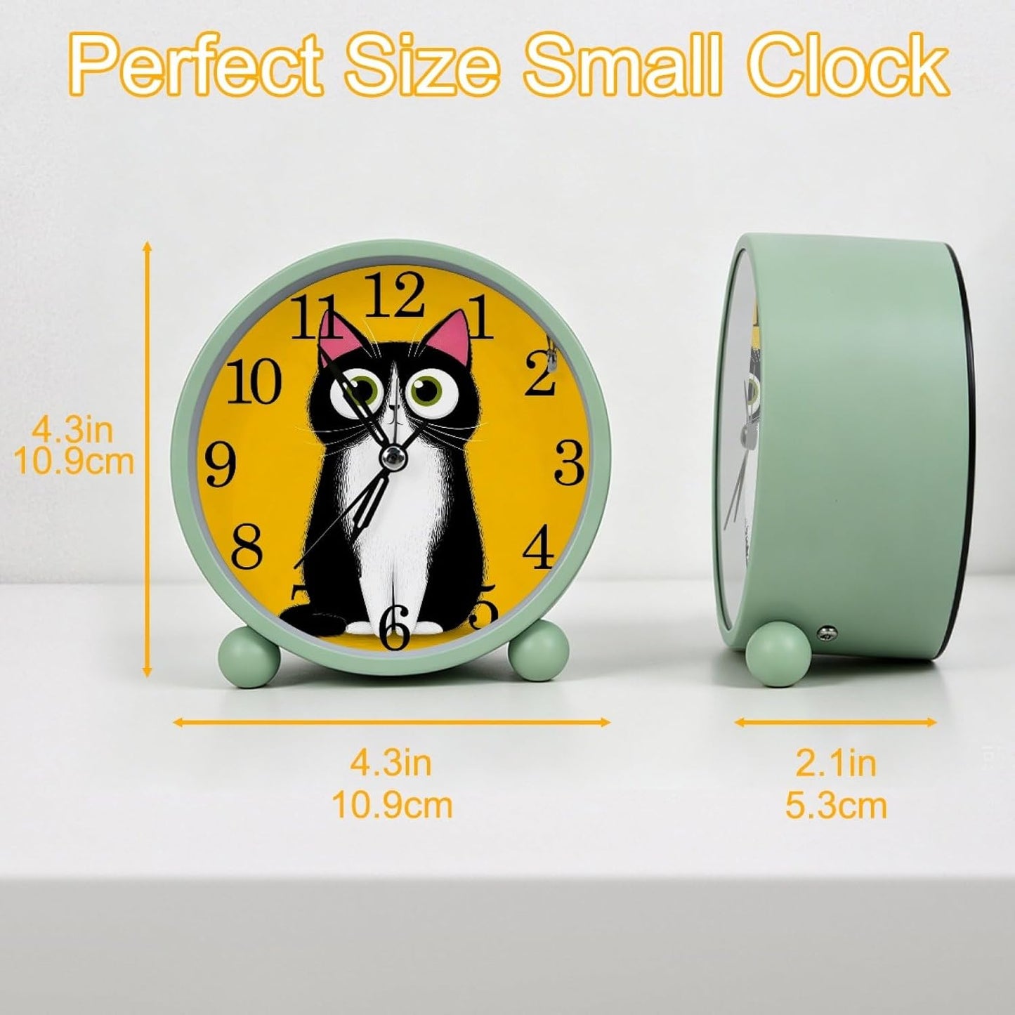 Yellow Cartoon Cat Silent Analog Alarm Clock, 4.3 Inches Cute Analog Round Digital Clock Battery Operated, Non-Ticking Desktop Alarm Clock with Night Light for Adult, Kid(Green)