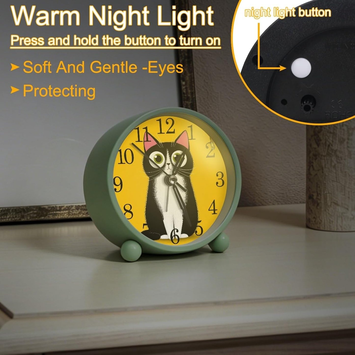 Yellow Cartoon Cat Silent Analog Alarm Clock, 4.3 Inches Cute Analog Round Digital Clock Battery Operated, Non-Ticking Desktop Alarm Clock with Night Light for Adult, Kid(Green)