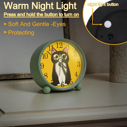 Yellow Cartoon Cat Silent Analog Alarm Clock, 4.3 Inches Cute Analog Round Digital Clock Battery Operated, Non-Ticking Desktop Alarm Clock with Night Light for Adult, Kid(Green)