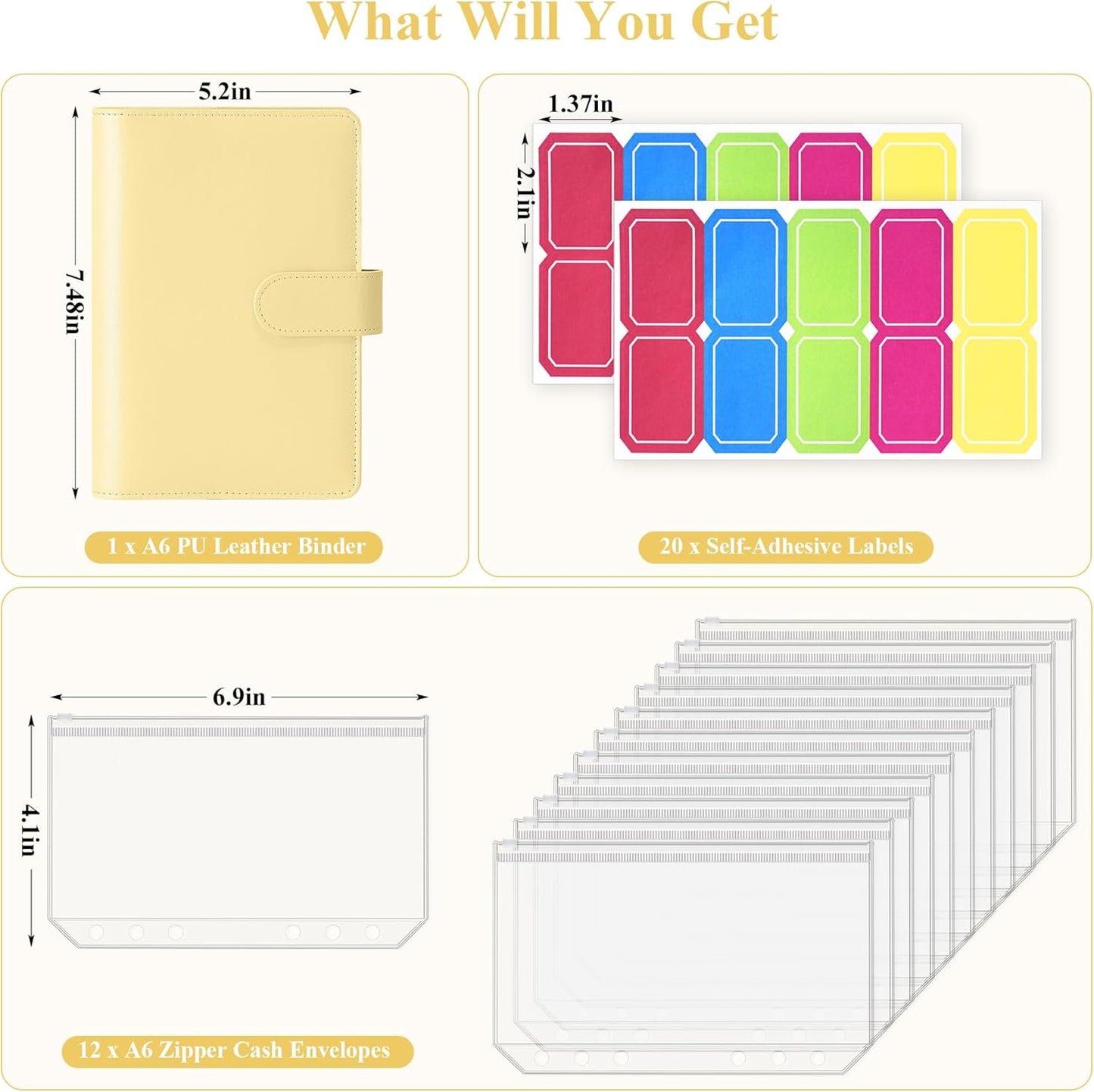 A6 Budget Binder with Zipper Cash Envelopes for Money Organizer & Budgeting, PU Leather Budget Planner Money Saving Binder with Cash Stuffing Envelopes & Labels for Home Office Travel, Yellow
