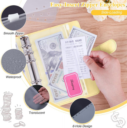 A6 Budget Binder with Zipper Cash Envelopes for Money Organizer & Budgeting, PU Leather Budget Planner Money Saving Binder with Cash Stuffing Envelopes & Labels for Home Office Travel, Yellow