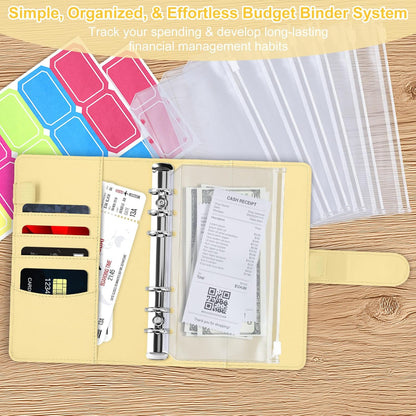 A6 Budget Binder with Zipper Cash Envelopes for Money Organizer & Budgeting, PU Leather Budget Planner Money Saving Binder with Cash Stuffing Envelopes & Labels for Home Office Travel, Yellow