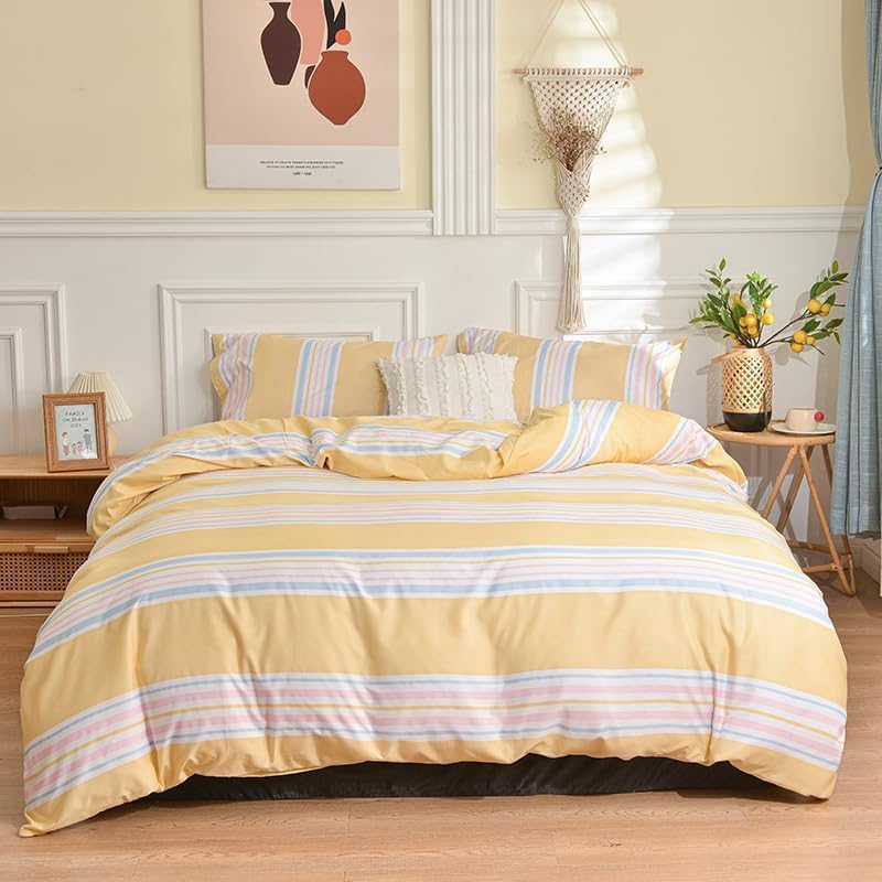 Yellow Pastel Stripe Duvet Cover Set, Soft Microfiber Light Blue Pink Horizontal Stripe Bedding, 3 Piece Comforter Cover Set with Zipper Closure for All Seasons (Twin 68"x90")