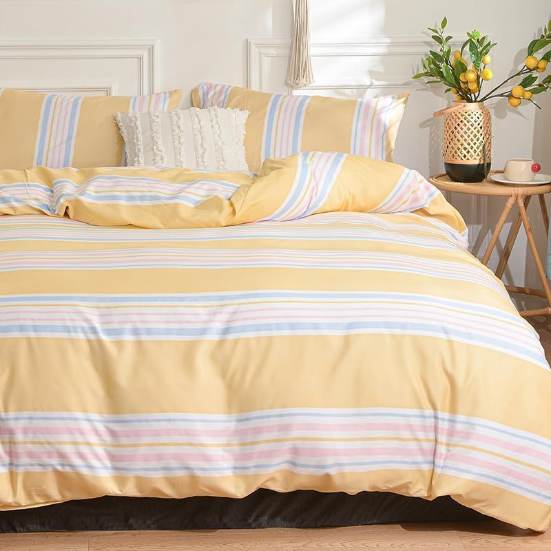 Yellow Pastel Stripe Duvet Cover Set, Soft Microfiber Light Blue Pink Horizontal Stripe Bedding, 3 Piece Comforter Cover Set with Zipper Closure for All Seasons (Twin 68"x90")