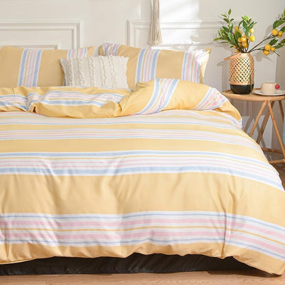 Yellow Pastel Stripe Duvet Cover Set, Soft Microfiber Light Blue Pink Horizontal Stripe Bedding, 3 Piece Comforter Cover Set with Zipper Closure for All Seasons (Twin 68"x90")