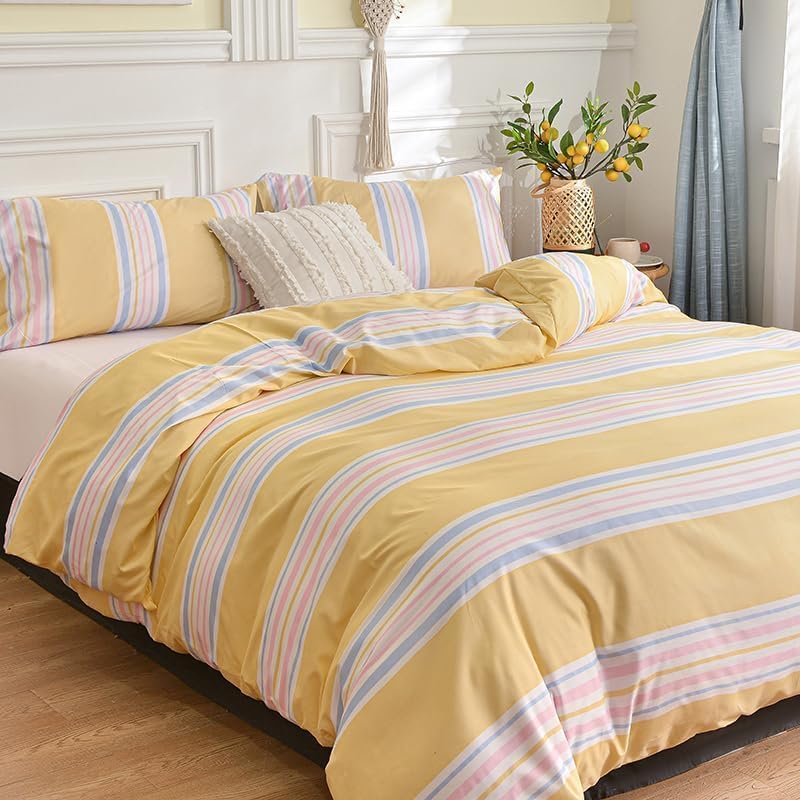 Yellow Pastel Stripe Duvet Cover Set, Soft Microfiber Light Blue Pink Horizontal Stripe Bedding, 3 Piece Comforter Cover Set with Zipper Closure for All Seasons (Twin 68"x90")