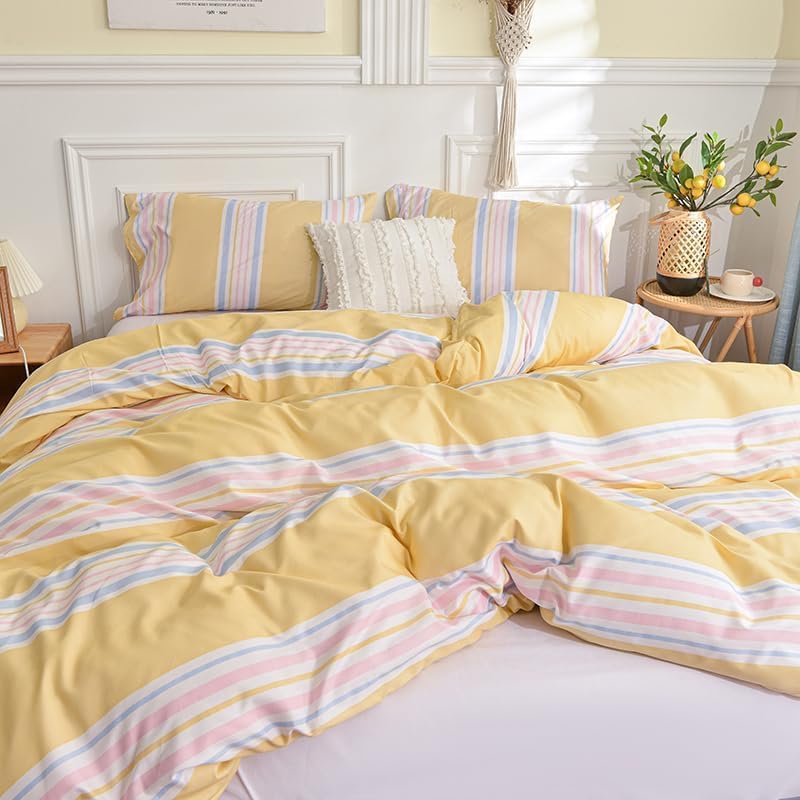 Yellow Pastel Stripe Duvet Cover Set, Soft Microfiber Light Blue Pink Horizontal Stripe Bedding, 3 Piece Comforter Cover Set with Zipper Closure for All Seasons (Twin 68"x90")