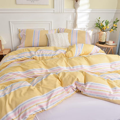 Yellow Pastel Stripe Duvet Cover Set, Soft Microfiber Light Blue Pink Horizontal Stripe Bedding, 3 Piece Comforter Cover Set with Zipper Closure for All Seasons (Twin 68"x90")