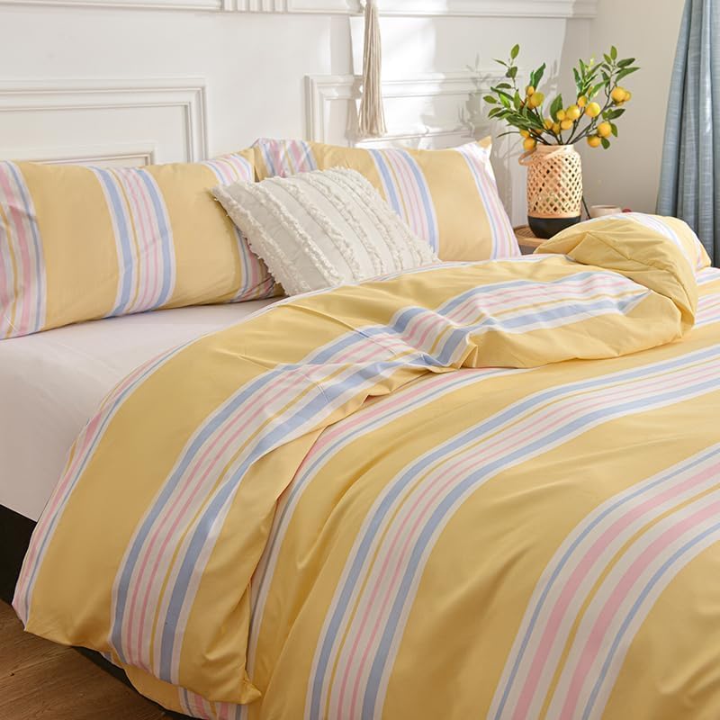 Yellow Pastel Stripe Duvet Cover Set, Soft Microfiber Light Blue Pink Horizontal Stripe Bedding, 3 Piece Comforter Cover Set with Zipper Closure for All Seasons (Twin 68"x90")
