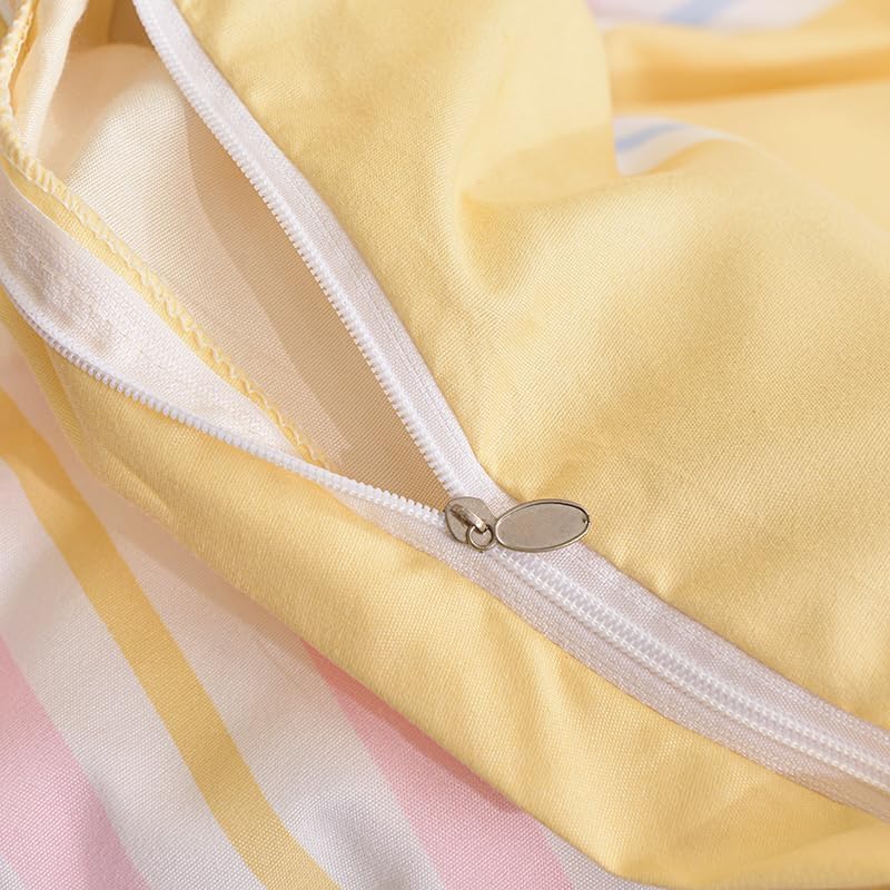 Yellow Pastel Stripe Duvet Cover Set, Soft Microfiber Light Blue Pink Horizontal Stripe Bedding, 3 Piece Comforter Cover Set with Zipper Closure for All Seasons (Twin 68"x90")