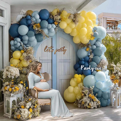 Dusty Blue Yellow Balloon Arch Kit Double Stuffed Dark Pastel Blue Light Yellow Pearl Balloon Garland for Birthday Bridal Wedding Baby Shower Lemon Summer Party Decoration