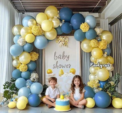 Dusty Blue Yellow Balloon Arch Kit Double Stuffed Dark Pastel Blue Light Yellow Pearl Balloon Garland for Birthday Bridal Wedding Baby Shower Lemon Summer Party Decoration