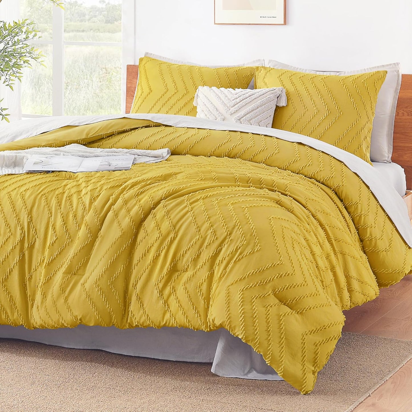 Boho King Comforter Set, 3 Pcs Yellow Lightweight Bedding Set