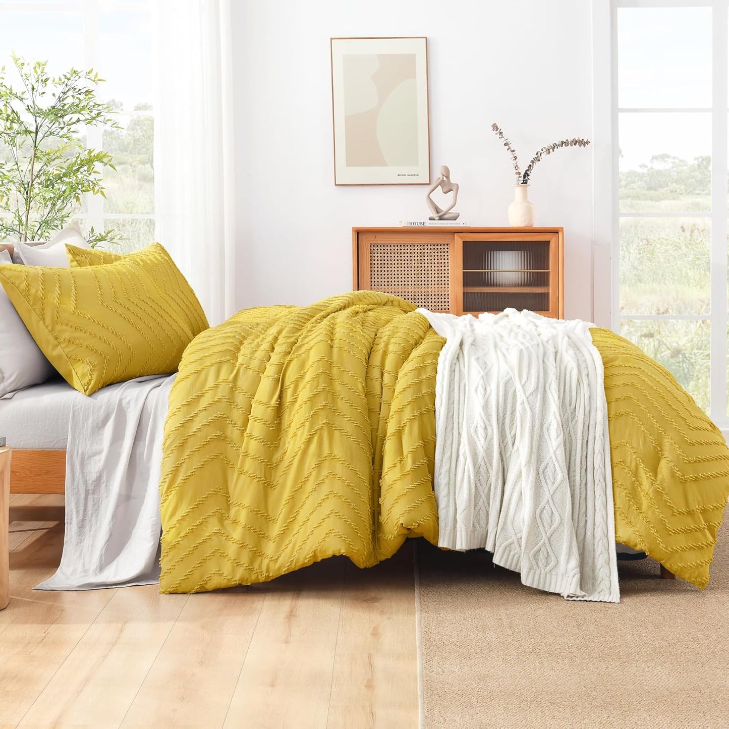 Boho King Comforter Set, 3 Pcs Yellow Lightweight Bedding Set