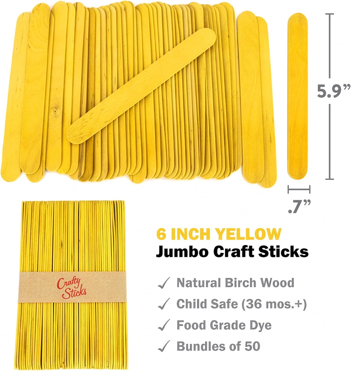 6 Inch Jumbo Craft Sticks, Yellow, 100 Pack | Jumbo wood sticks; actual size 5.9 x 0.7 in. Wider than standard popsicle sticks for crafts, classrooms and STEM projects.