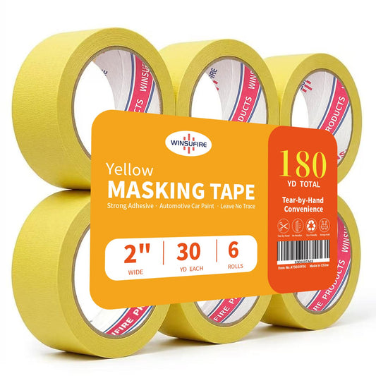 Yellow Masking Tape, Colored Painters Tape for Arts and Crafts,Heat-Resistant mask Tape Use for car Surface Masking Spray, 6 Rolls, 2Inch x 30Yards Total 180 Yards. (Yellow)