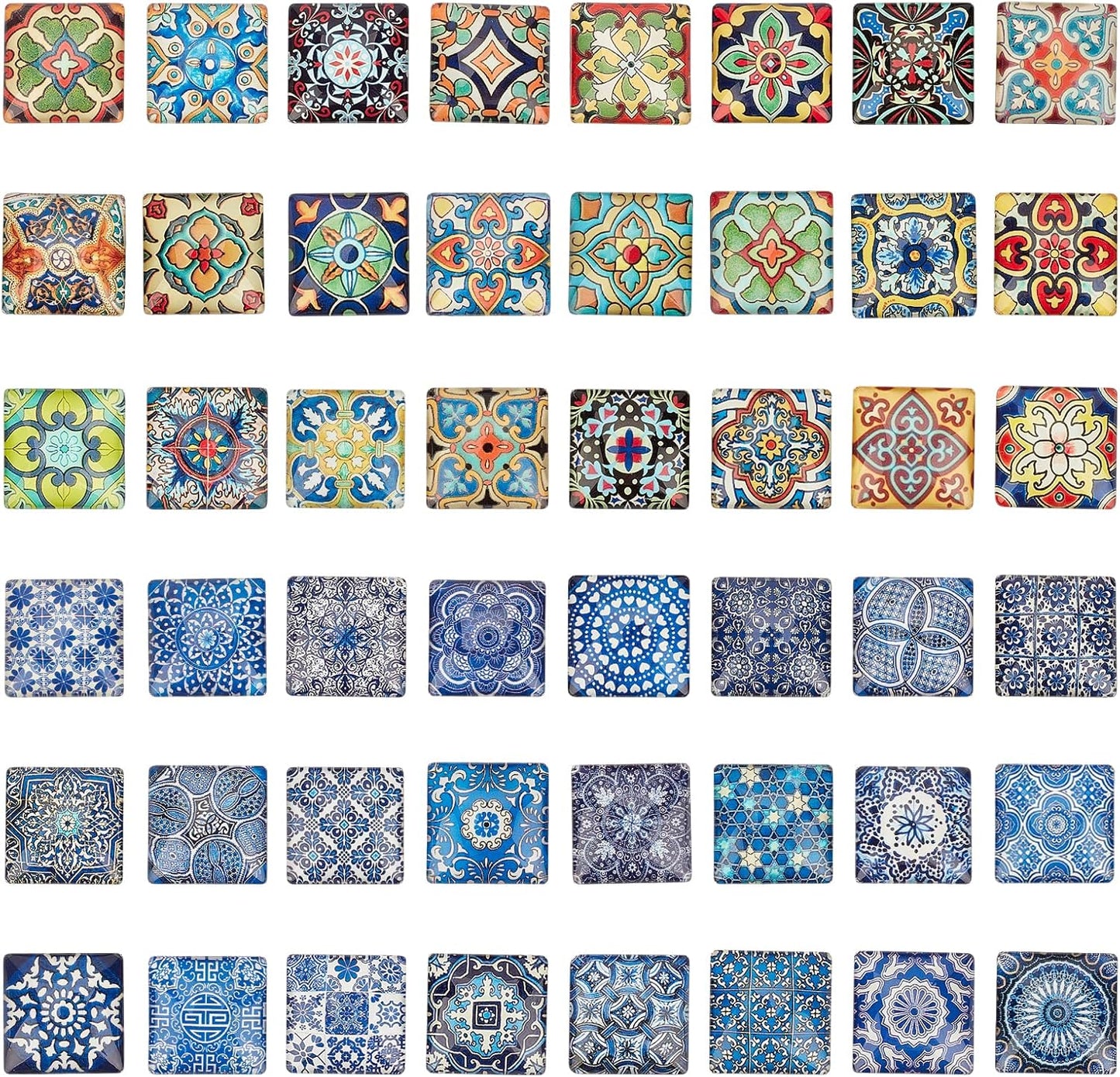 1 Inch Square Mosaic Cabochons, 25mm Flower Mosaic Tiles Yoga Pattern Printed Glass Dome Cabochons for Photo Cameo Pendant Craft Jewelry Making Supplies Craft, 48pcs