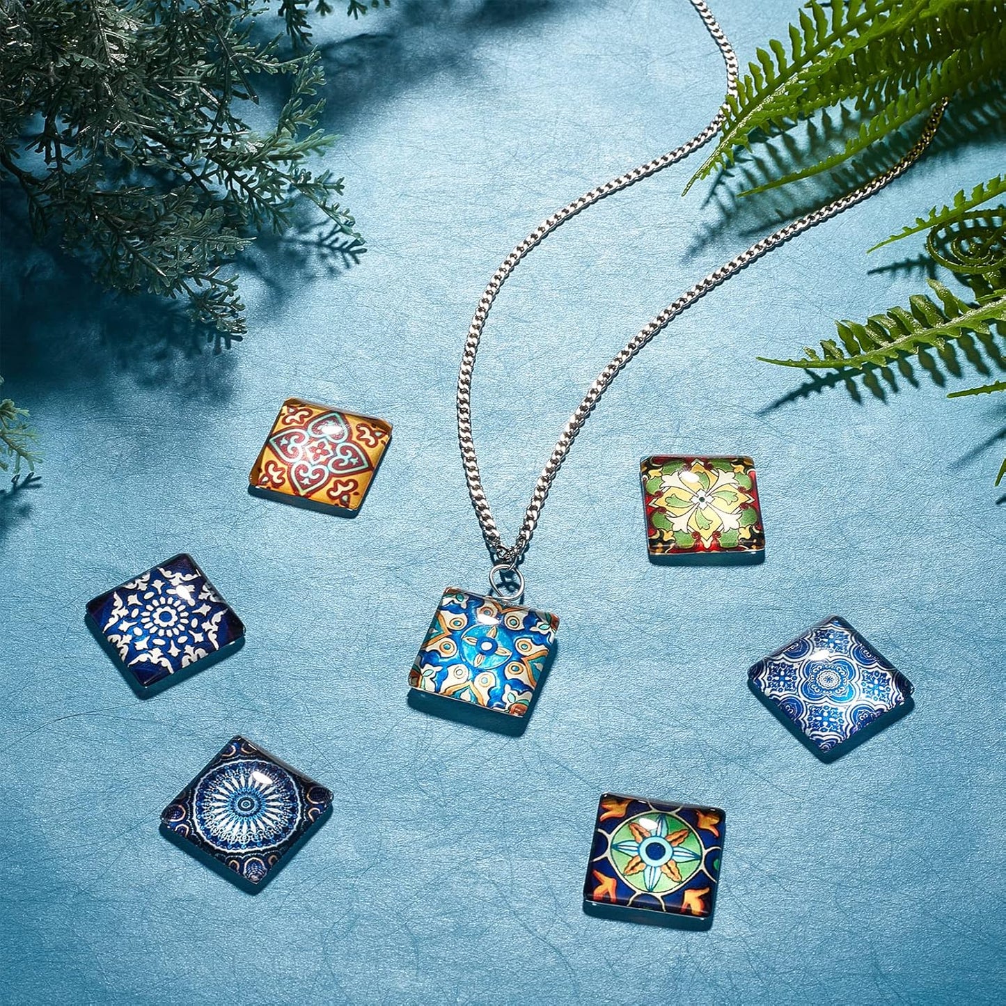 1 Inch Square Mosaic Cabochons, 25mm Flower Mosaic Tiles Yoga Pattern Printed Glass Dome Cabochons for Photo Cameo Pendant Craft Jewelry Making Supplies Craft, 48pcs