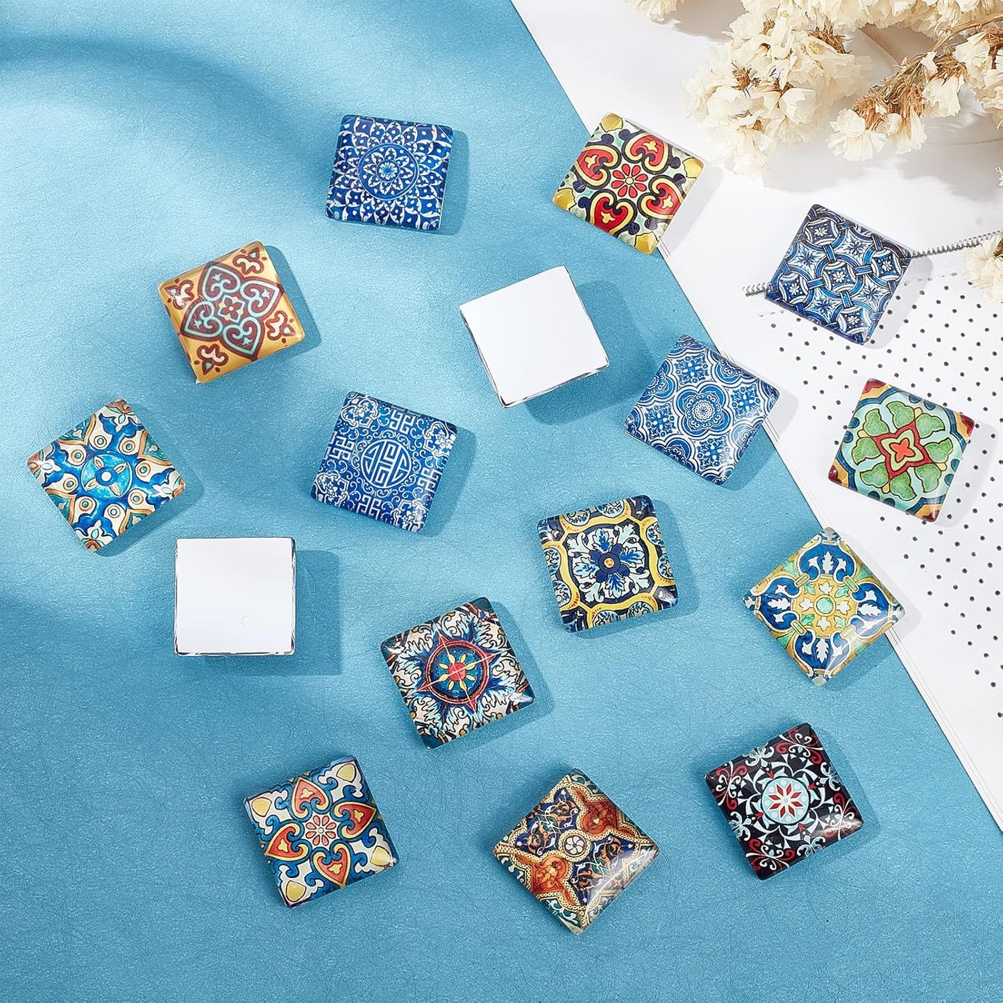 1 Inch Square Mosaic Cabochons, 25mm Flower Mosaic Tiles Yoga Pattern Printed Glass Dome Cabochons for Photo Cameo Pendant Craft Jewelry Making Supplies Craft, 48pcs