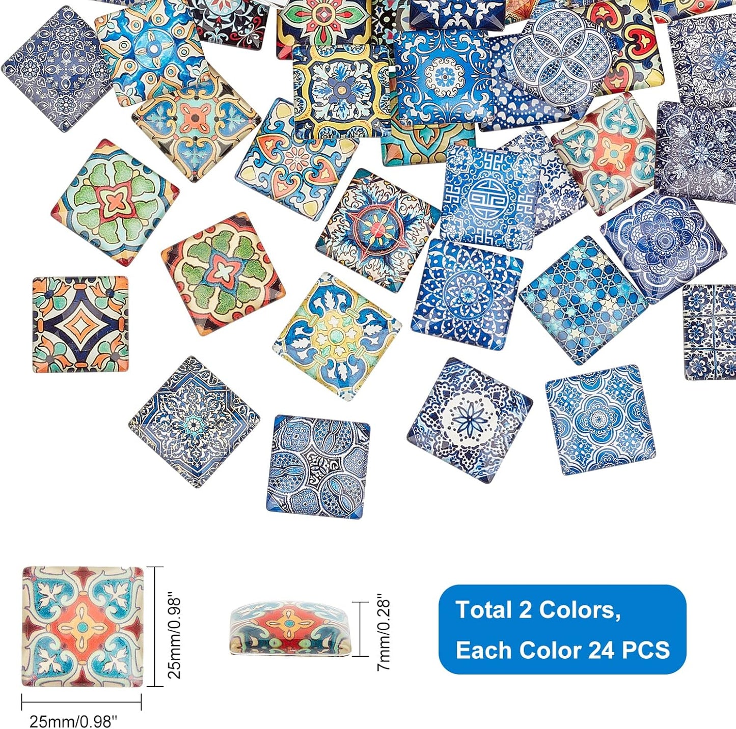1 Inch Square Mosaic Cabochons, 25mm Flower Mosaic Tiles Yoga Pattern Printed Glass Dome Cabochons for Photo Cameo Pendant Craft Jewelry Making Supplies Craft, 48pcs