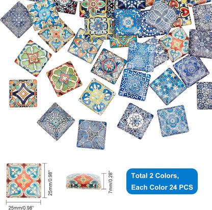 1 Inch Square Mosaic Cabochons, 25mm Flower Mosaic Tiles Yoga Pattern Printed Glass Dome Cabochons for Photo Cameo Pendant Craft Jewelry Making Supplies Craft, 48pcs