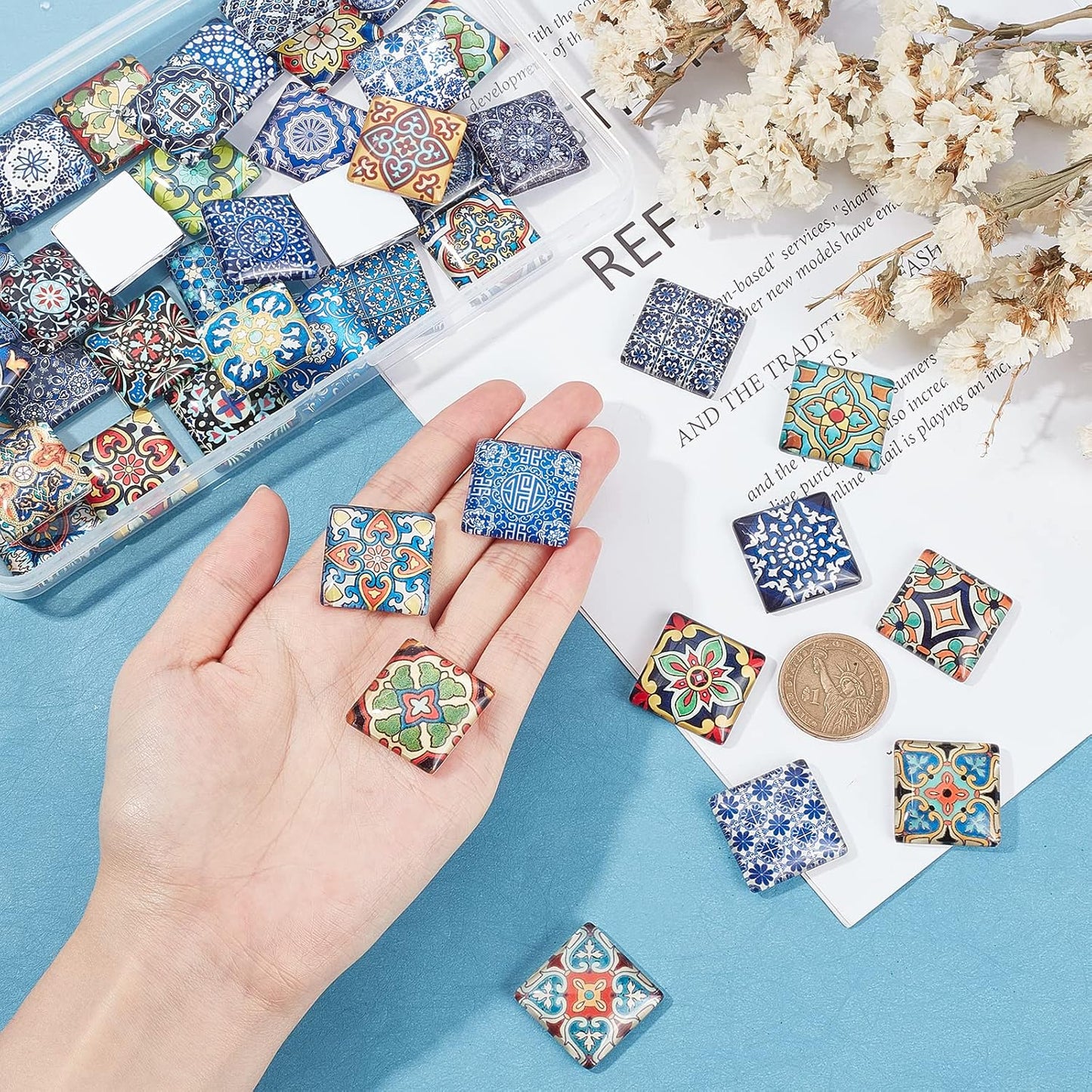 1 Inch Square Mosaic Cabochons, 25mm Flower Mosaic Tiles Yoga Pattern Printed Glass Dome Cabochons for Photo Cameo Pendant Craft Jewelry Making Supplies Craft, 48pcs