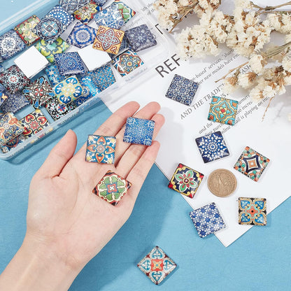 1 Inch Square Mosaic Cabochons, 25mm Flower Mosaic Tiles Yoga Pattern Printed Glass Dome Cabochons for Photo Cameo Pendant Craft Jewelry Making Supplies Craft, 48pcs