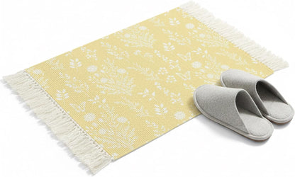 Light Yellow Botanical Bathroom Rug 2'x3', Woven Cotton Area Rug with Tassels Washable Front Door Rugs, Spring Summer Chic Wildflowers Non Slip Throw Runner Rugs Carpet for Entry Laundry Kitchen