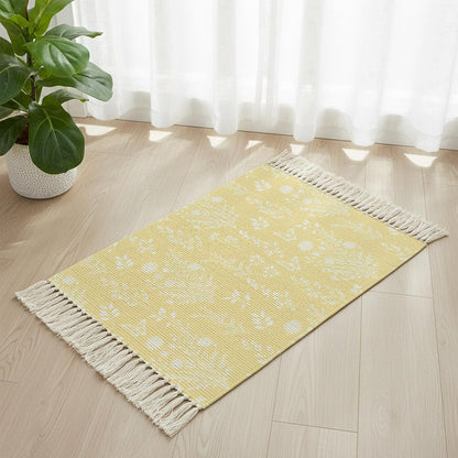 Light Yellow Botanical Bathroom Rug 2'x3', Woven Cotton Area Rug with Tassels Washable Front Door Rugs, Spring Summer Chic Wildflowers Non Slip Throw Runner Rugs Carpet for Entry Laundry Kitchen