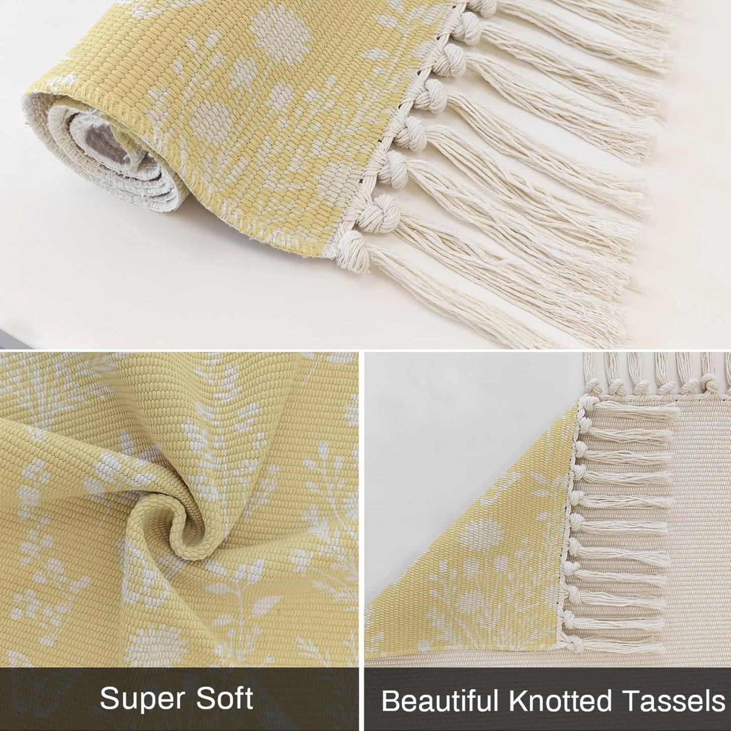 Light Yellow Botanical Bathroom Rug 2'x3', Woven Cotton Area Rug with Tassels Washable Front Door Rugs, Spring Summer Chic Wildflowers Non Slip Throw Runner Rugs Carpet for Entry Laundry Kitchen