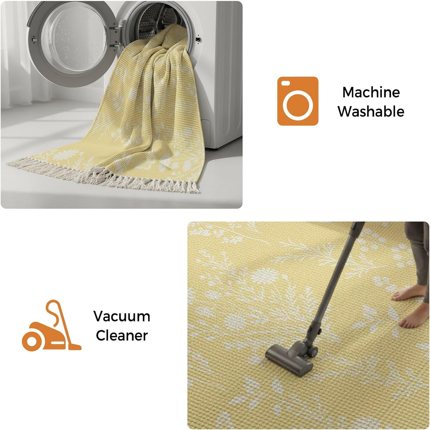 Light Yellow Botanical Bathroom Rug 2'x3', Woven Cotton Area Rug with Tassels Washable Front Door Rugs, Spring Summer Chic Wildflowers Non Slip Throw Runner Rugs Carpet for Entry Laundry Kitchen