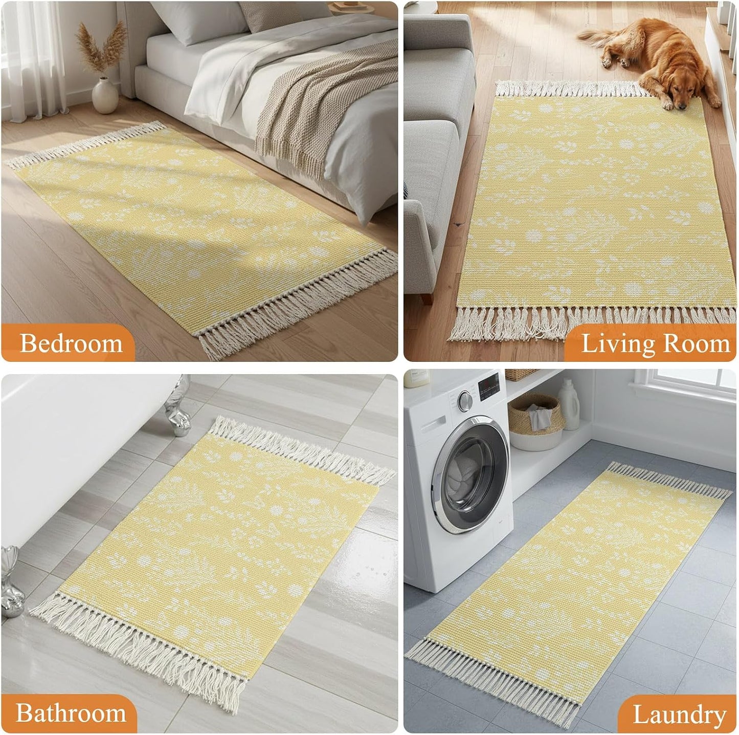 Light Yellow Botanical Bathroom Rug 2'x3', Woven Cotton Area Rug with Tassels Washable Front Door Rugs, Spring Summer Chic Wildflowers Non Slip Throw Runner Rugs Carpet for Entry Laundry Kitchen