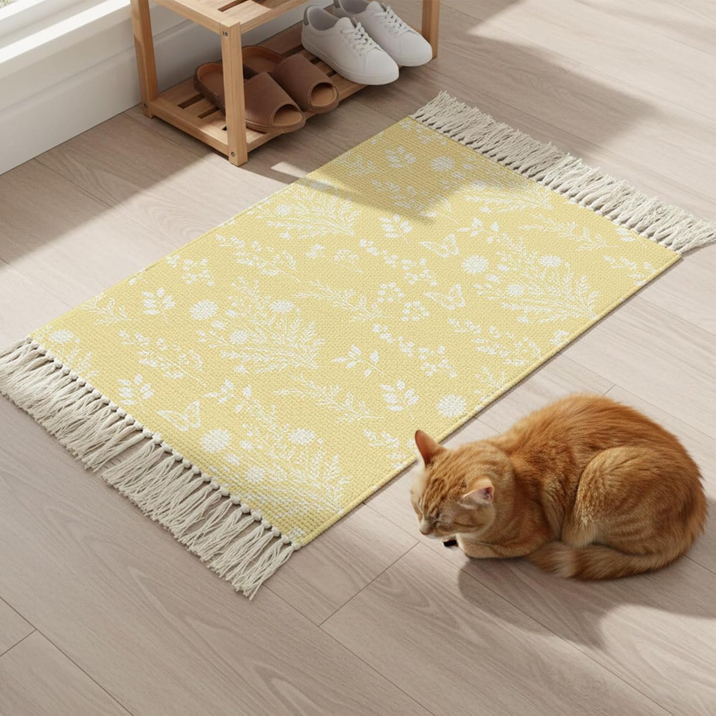 Light Yellow Botanical Bathroom Rug 2'x3', Woven Cotton Area Rug with Tassels Washable Front Door Rugs, Spring Summer Chic Wildflowers Non Slip Throw Runner Rugs Carpet for Entry Laundry Kitchen