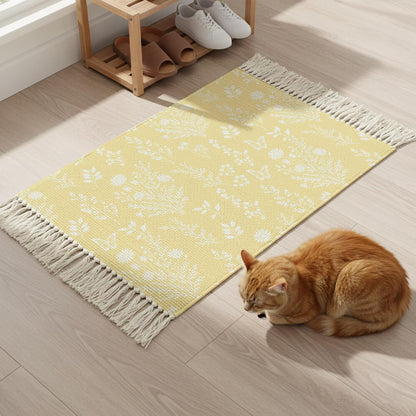 Light Yellow Botanical Bathroom Rug 2'x3', Woven Cotton Area Rug with Tassels Washable Front Door Rugs, Spring Summer Chic Wildflowers Non Slip Throw Runner Rugs Carpet for Entry Laundry Kitchen