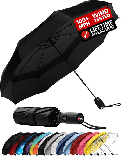 Windproof Travel Umbrella - Compact & Withstands Winds up to 100MPH, Strongest Premium Auto Folding Umbrella for Rain and Sun - Durable, Light & Portable for Women & Men, Fits Backpack & Cars