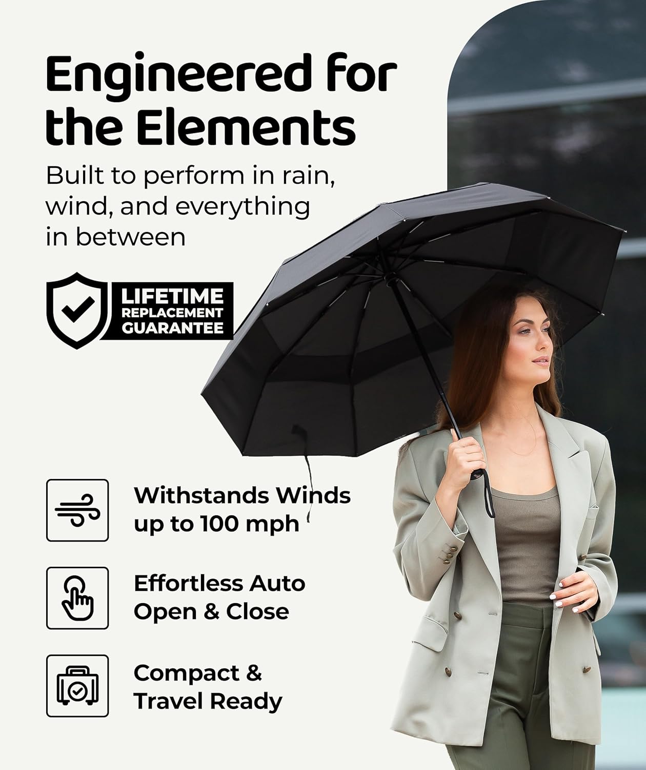 Windproof Travel Umbrella - Compact & Withstands Winds up to 100MPH, Strongest Premium Auto Folding Umbrella for Rain and Sun - Durable, Light & Portable for Women & Men, Fits Backpack & Cars