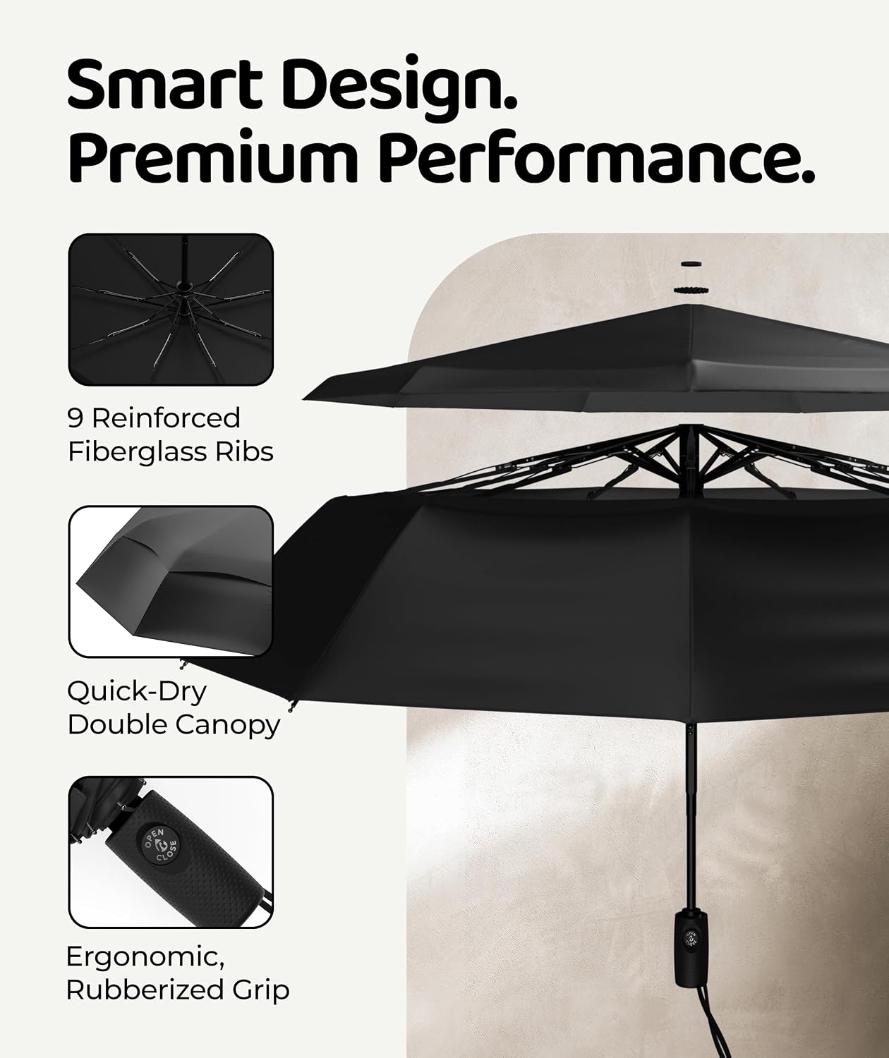 Windproof Travel Umbrella - Compact & Withstands Winds up to 100MPH, Strongest Premium Auto Folding Umbrella for Rain and Sun - Durable, Light & Portable for Women & Men, Fits Backpack & Cars