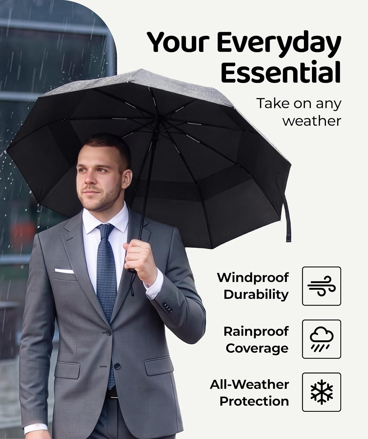Windproof Travel Umbrella - Compact & Withstands Winds up to 100MPH, Strongest Premium Auto Folding Umbrella for Rain and Sun - Durable, Light & Portable for Women & Men, Fits Backpack & Cars
