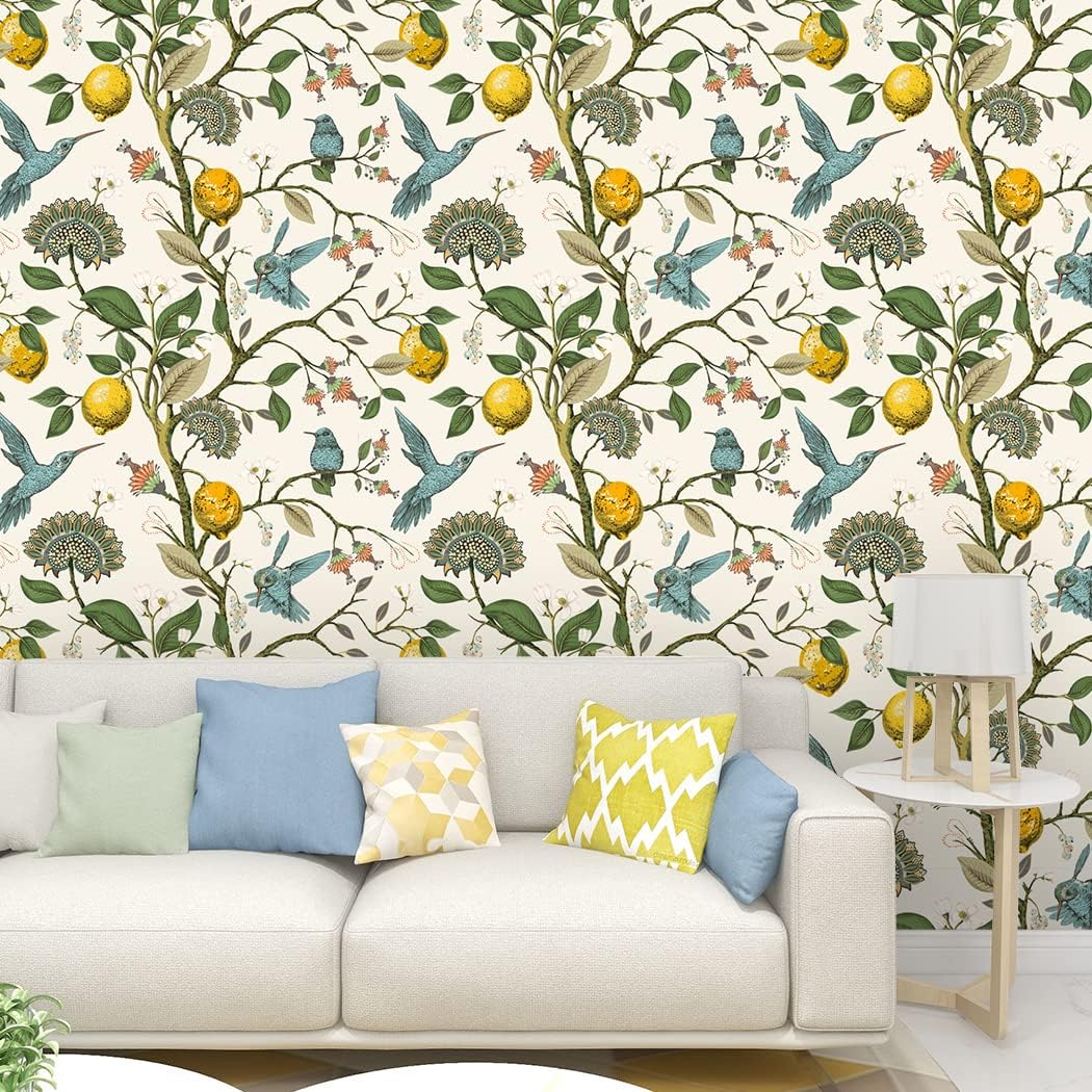 Blue Bird Wallpaper Fresh Lemon Tree Peel and Stick Wallpaper | Vintage Botanical Bird Fruit Self Adhesive Wall Paper Removable Waterproof Prepasted Contact Paper Wall Mural 17.7in x 9.8ft