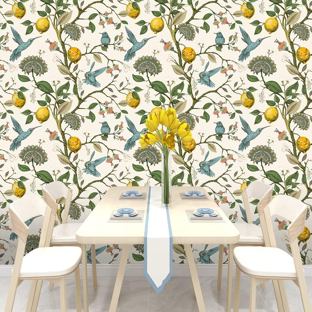 Blue Bird Wallpaper Fresh Lemon Tree Peel and Stick Wallpaper | Vintage Botanical Bird Fruit Self Adhesive Wall Paper Removable Waterproof Prepasted Contact Paper Wall Mural 17.7in x 9.8ft