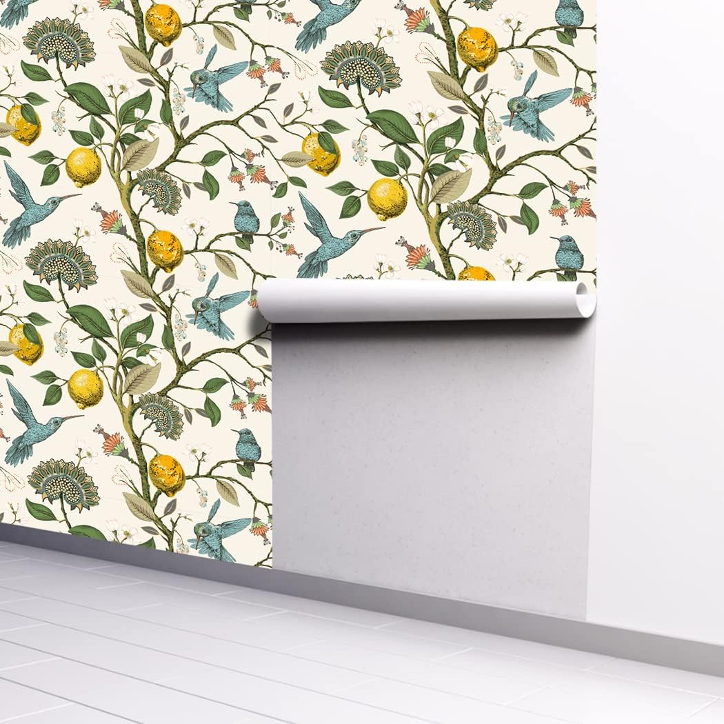 Blue Bird Wallpaper Fresh Lemon Tree Peel and Stick Wallpaper | Vintage Botanical Bird Fruit Self Adhesive Wall Paper Removable Waterproof Prepasted Contact Paper Wall Mural 17.7in x 9.8ft