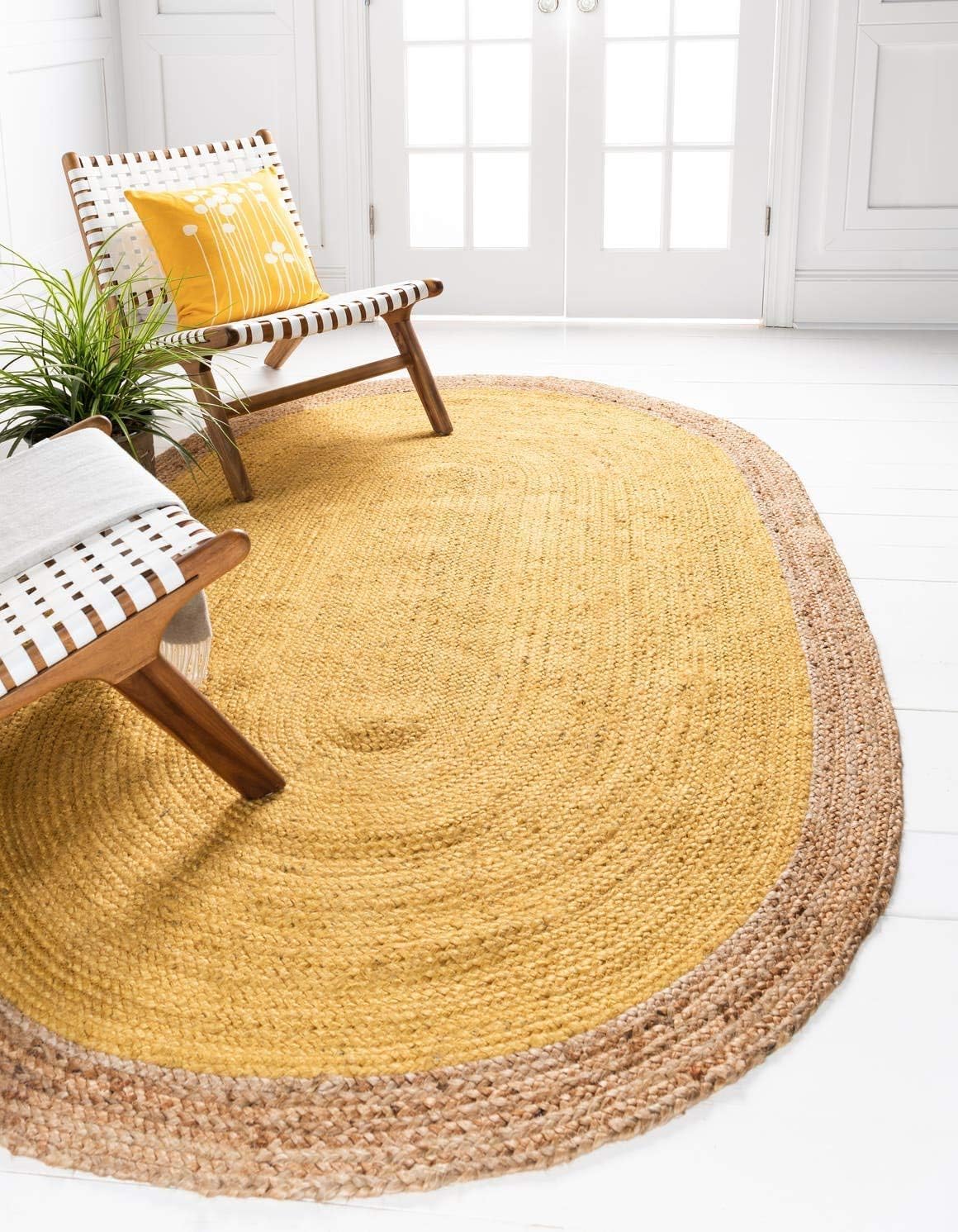 Indian Handmade Braided Inner Yellow Natural Jute Area Rug, Jute Rug, Living Room, Bedroom, Doormat Rug Size - 2.3 x 4 Feet Oval (69 cm x 120 cm)