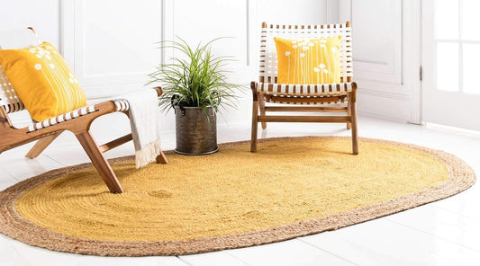 Indian Handmade Braided Inner Yellow Natural Jute Area Rug, Jute Rug, Living Room, Bedroom, Doormat Rug Size - 2.3 x 4 Feet Oval (69 cm x 120 cm)